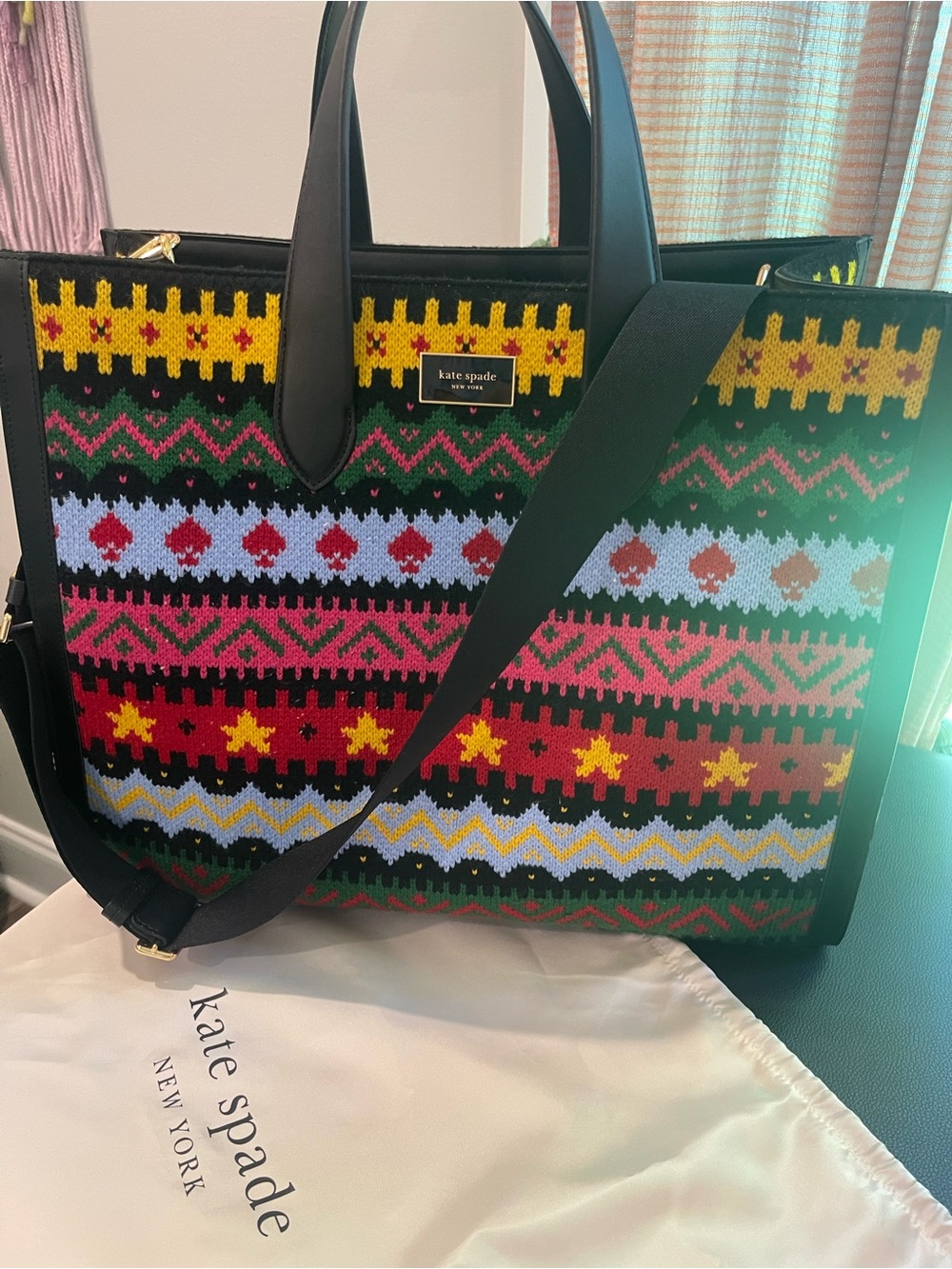 kate spade Multicolor Knit Pattern Tote with Black Trim